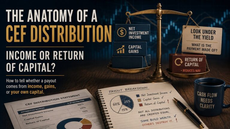 Illustration explaining the anatomy of a closed-end fund distribution, including income, capital gains and return of capital.