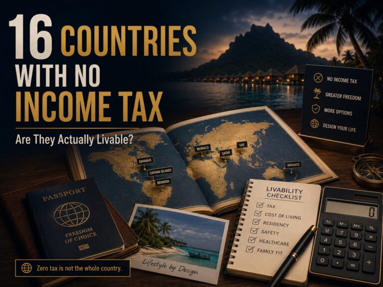 Illustration of no-income-tax countries with a checklist for tax, cost of living, residency, safety, healthcare and family fit.