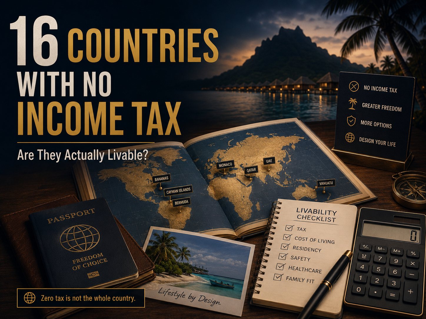 Illustration of no-income-tax countries with a checklist for tax, cost of living, residency, safety, healthcare and family fit.