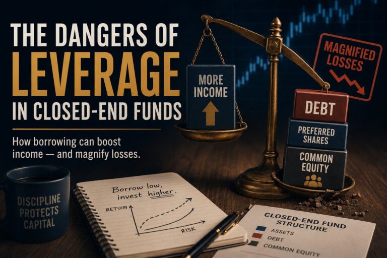 Illustration showing how leverage can increase closed-end fund income while magnifying losses and interest-rate risk.