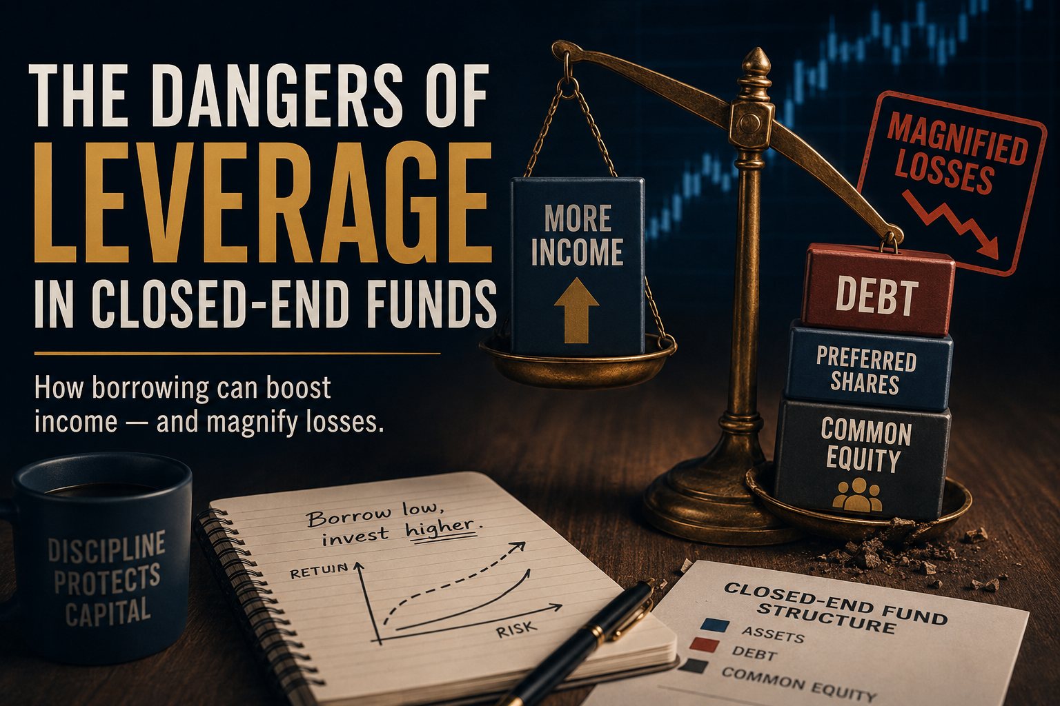 Illustration showing how leverage can increase closed-end fund income while magnifying losses and interest-rate risk.