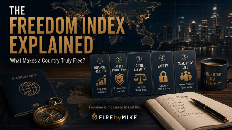 Illustration of a freedom index scorecard showing financial freedom, asset protection, civil liberty, safety and quality of life.