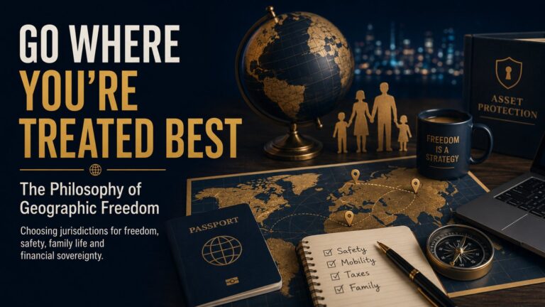 Premium FireByMike-style illustration of geographic freedom with a world map, passport, compass and family strategy elements.