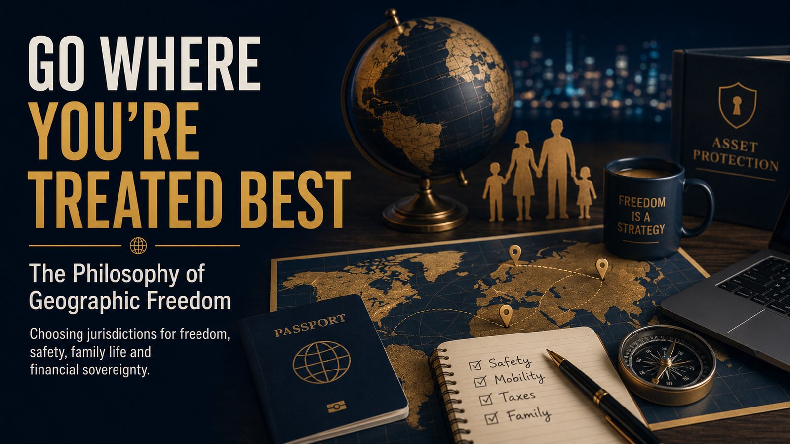 Premium FireByMike-style illustration of geographic freedom with a world map, passport, compass and family strategy elements.