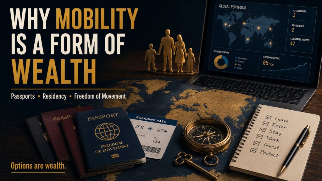 Illustration of passports, residency, freedom of movement, family protection and global portfolio mobility.
