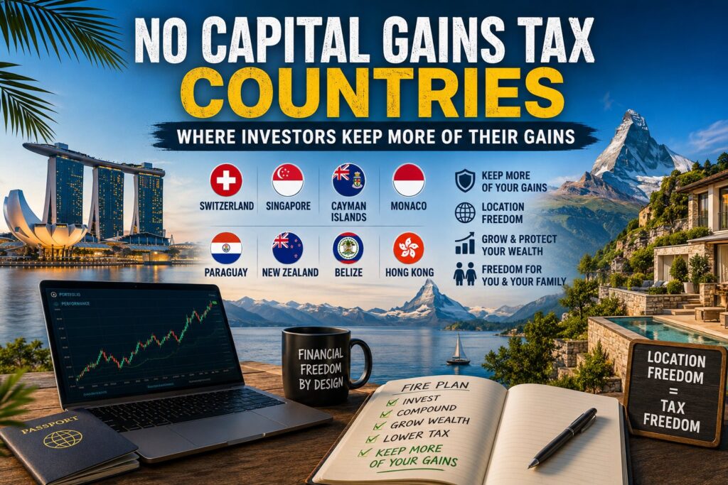 Illustration of tax-friendly countries where investors keep more capital gains, with global finance and location freedom elements.