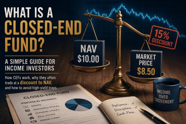 Illustration explaining closed-end funds, showing NAV, market price, discount to NAV and income investing.