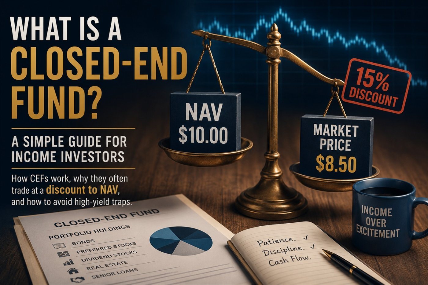 Illustration explaining closed-end funds, showing NAV, market price, discount to NAV and income investing.