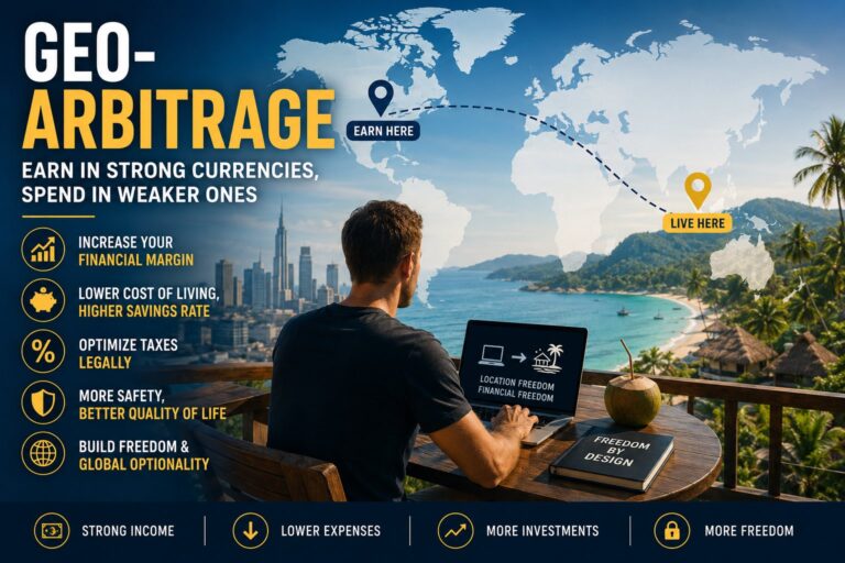 Illustration of geo-arbitrage showing strong currency income, lower-cost living, taxes, safety and financial freedom.