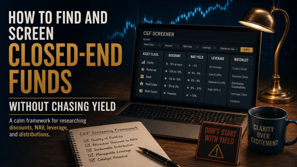 Illustration of an investor researching closed-end funds using CEF data tools, NAV discounts, yields and fund screeners.