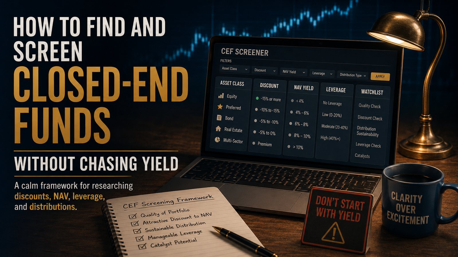 Illustration of an investor researching closed-end funds using CEF data tools, NAV discounts, yields and fund screeners.